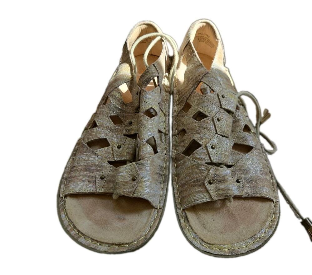 Alegria Vali Sandals Womens 39 Gold Metallic Leather Lace Up Tassel